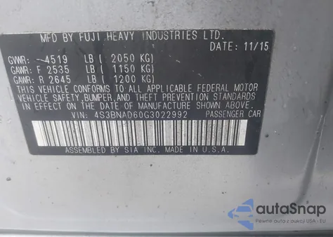 2016 Subaru Legacy 2.5I Premium from USA, damaged, VIN 4S3BNAD60G3022992